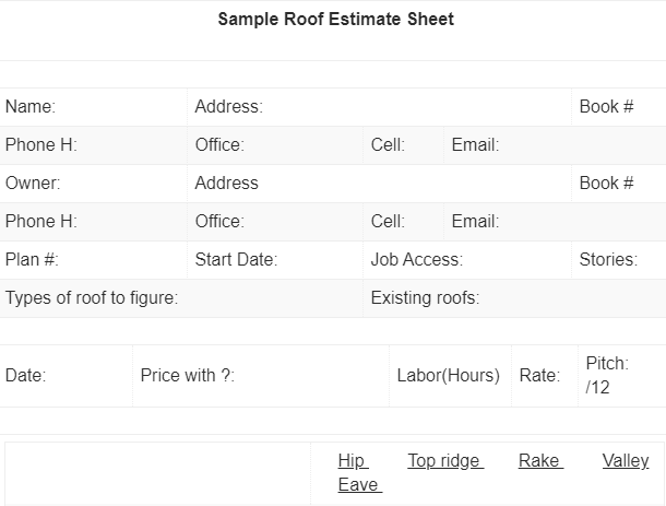 Roofing estimate sheet